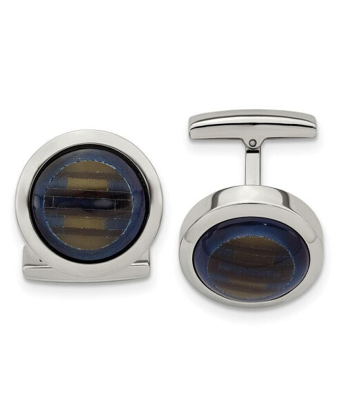 Stainless Steel Blue and Brown Cat's Eye Circle Cufflinks
