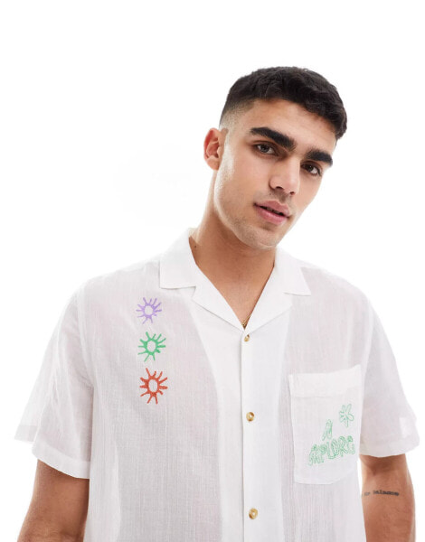 ASOS DESIGN relaxed revere textured shirt with embroidery