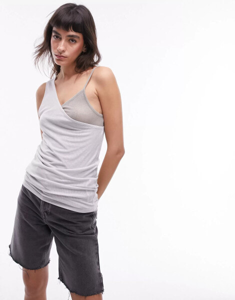 Topshop premium basic sheer double layer asymmetric cami in grey