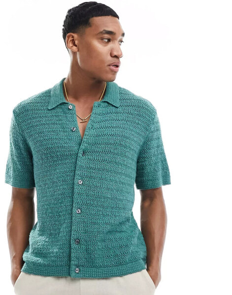 Abercrombie & Fitch crochet knit short sleeve polo shirt in dark green