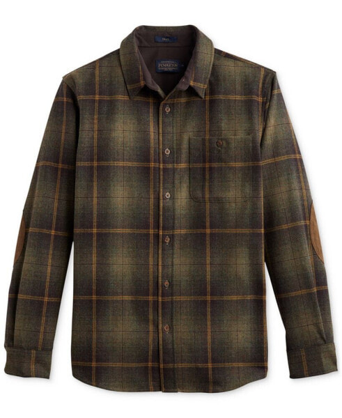 Men's Trail Plaid Button-Down Wool Shirt with Faux-Suede Elbow Patches