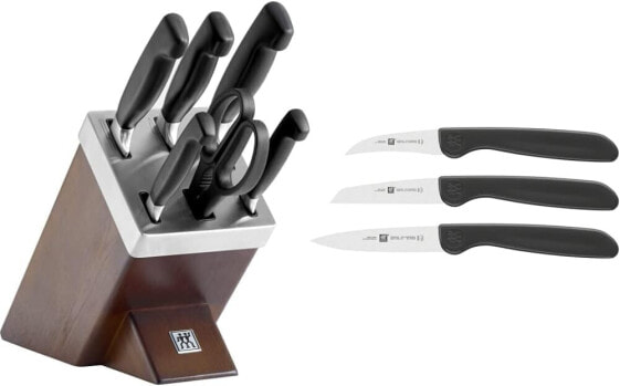 ZWILLING Self-sharpening knife block, 7 pieces, wooden block, knife and scissors made of stainless special steel/plastic handle, four stars and vegetable knife set, 3 pieces, plastic handle, black