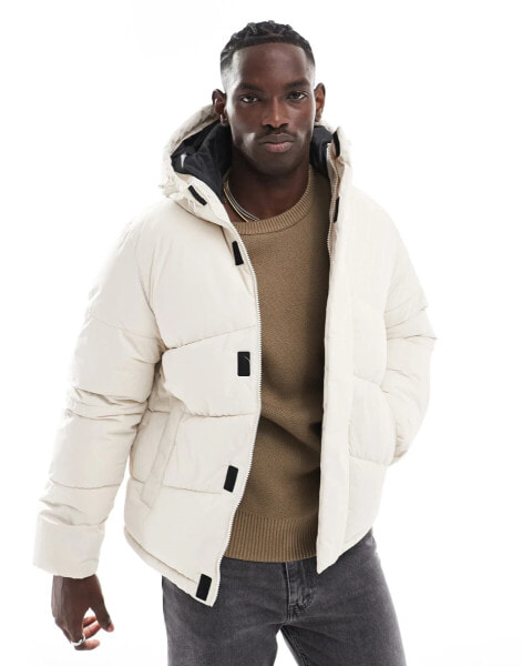 Jack & Jones hooded puffer jacket in off white