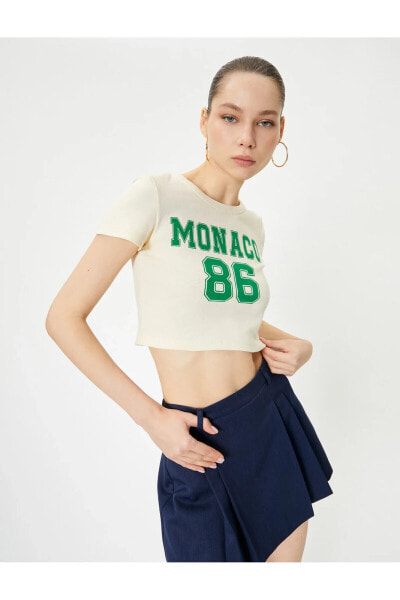 Crop Monaco Tişört Kısa Kollu Bisiklet Yaka Pamuklu Slim Fit