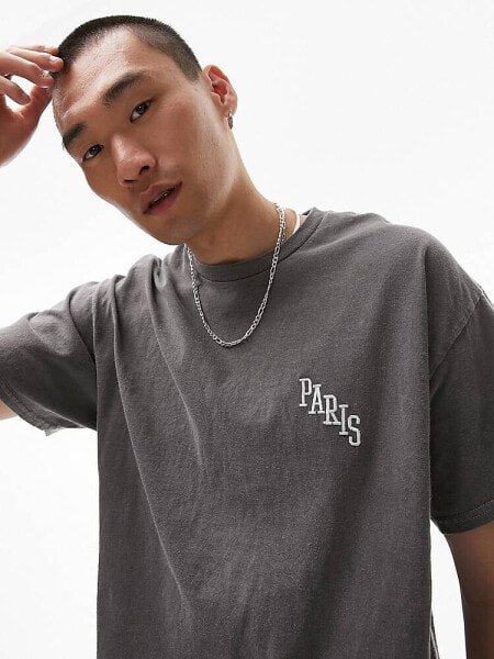 Topman oversized fit t-shirt with Paris embroidery in washed black