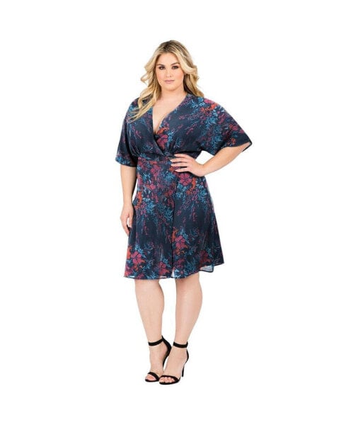 Plus Size Floral-Print V-Neck Kimono Wrap Midi Dress