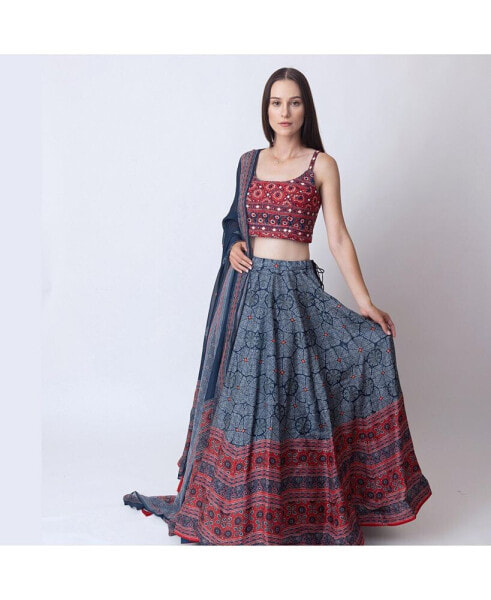 Women's Blue and Red Bandhani and Ajrakh Print Lehenga Choli