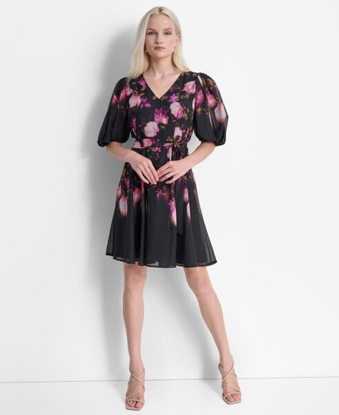 Petite Floral Tie-Waist Balloon-Sleeve Dress