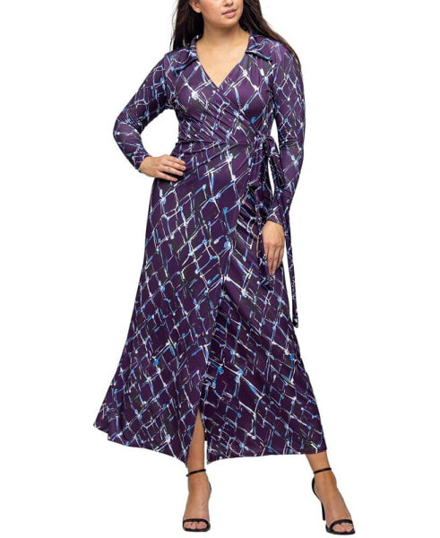 Women's Purple Print Collared Wrap Maxi Dress