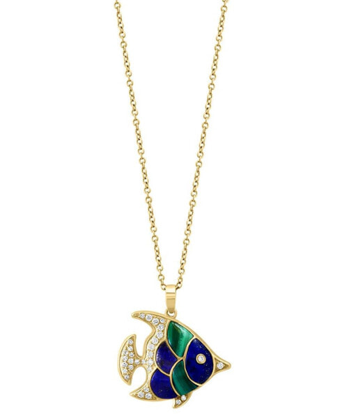 EFFY® Lapis Lazuli, Malachite, & Diamond (1/6 ct. t.w.) Fish 18" Pendant Necklace in 14k Gold