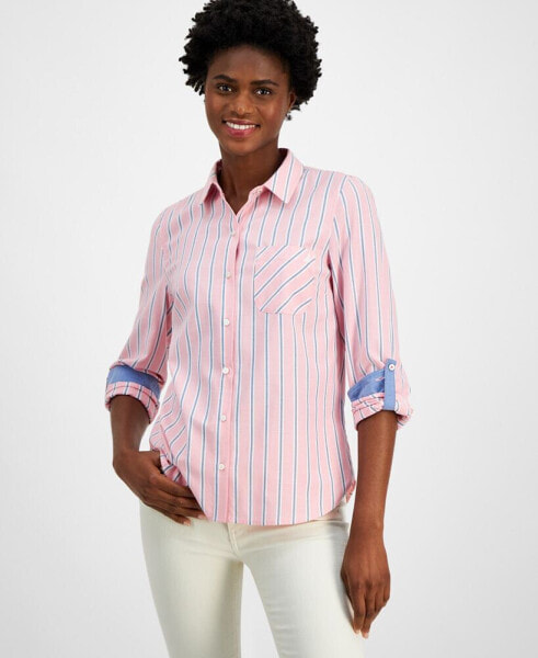 Women's Striped Roll-Tab-Sleeve Button-Front Shirt