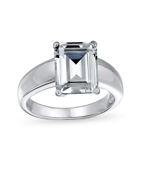 Timeless Classic 3CT CZ Solitaire Rectangle Radiant Emerald Cut Engagement Ring Sterling Silver Plain Wide Band