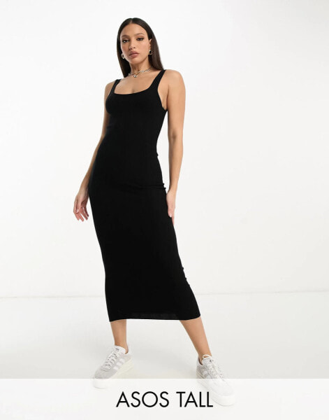 ASOS DESIGN Tall knitted square neck midi dress in black