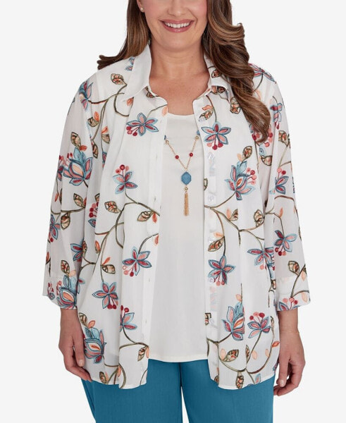 Plus Size Sedona Sky Warm Embroidered Two In One Top With Necklace
