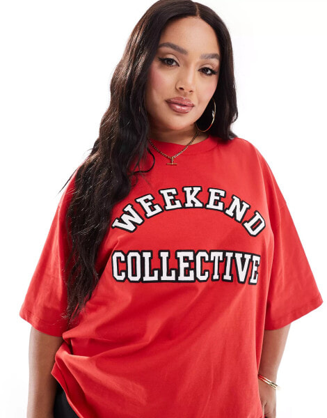 ASOS DESIGN Weekend Collective Curve oversized t-shirt with varsity logo in red