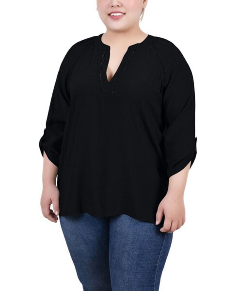 Plus Size Raglan Sleeve Split Neck Blouse