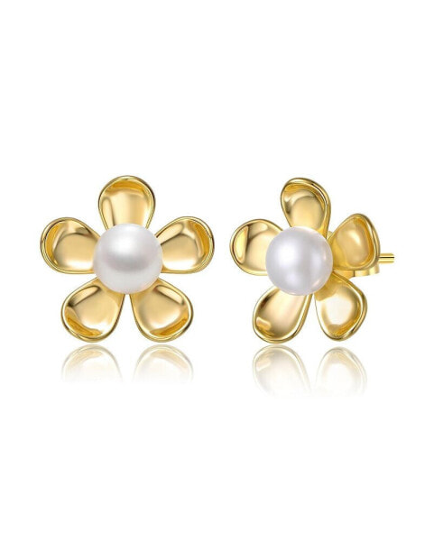 Sterling Silver 14k Yellow Gold Plated with White Freshwater Pearl Blooming Daisy Flower Stud Earrings