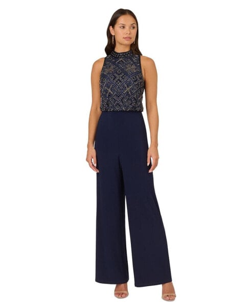 Plus Size Beaded Sleeveless Wide-Leg Jumpsuit