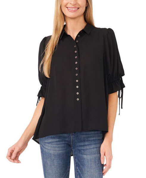 Women's High-Low Flowy Collared Button-Down Blouse