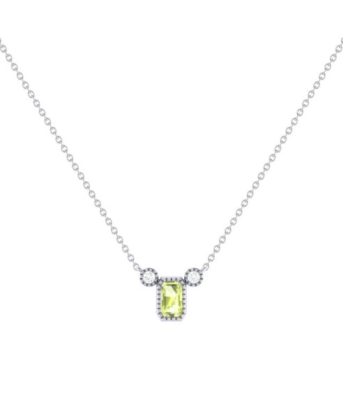 Emerald Cut Peridot Gemstone, Natural Diamond 14K White Gold Birthstone Necklace