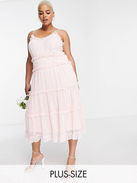 Vila Curve Exclusive Bridesmaid midi cami dress with frill detail in textured pink