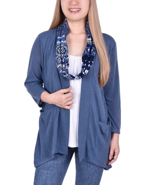 Petite 3-Fer Cardigan with Tank and Scarf Top