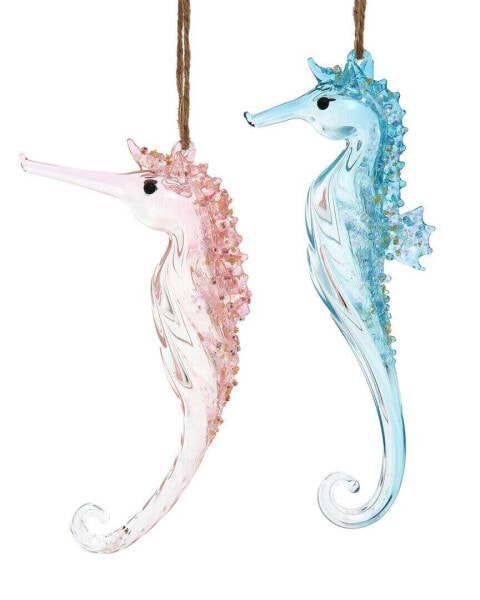 Kurt Adler Set Of 2 6In Glass Seahorse Ornaments Multicolor