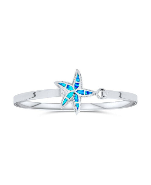 Nautical Beach Starfish Synthetic Blue Opal Bangle Bracelet For Women Sterling Silver