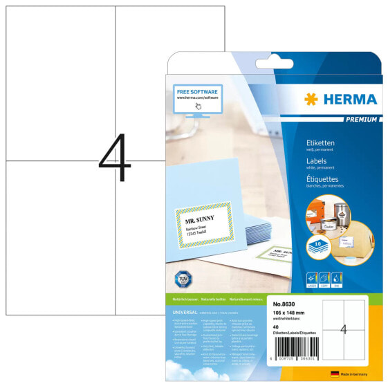 HERMA Labels Premium A4 105x148 mm white paper matt 40 pcs. - White - Self-adhesive printer label - A4 - Paper - Laser/Inkjet - Permanent