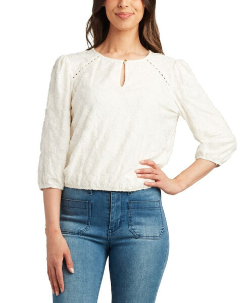 Juniors' Flocked-Jacquard Puff-Sleeve Keyhole Top