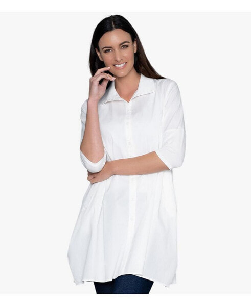 Women's 3/4 Sleeve Button-Front Cotton Poplin Shirt Top Tiburon Tunic Icon