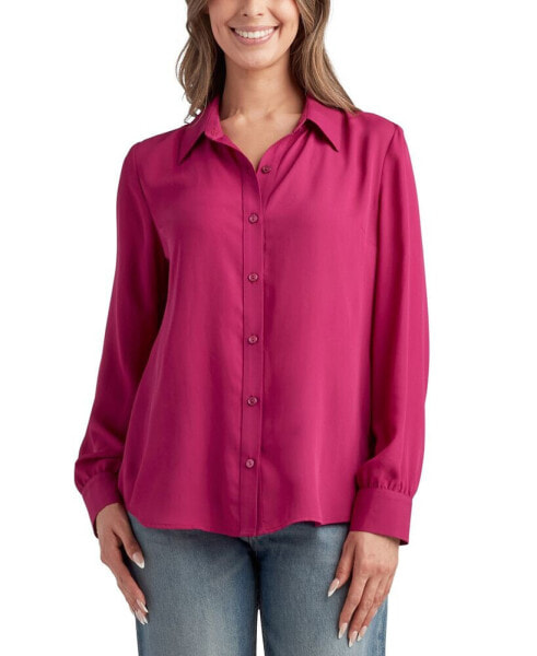 Juniors' Spread-Collar Long-Sleeve Button-Front Top