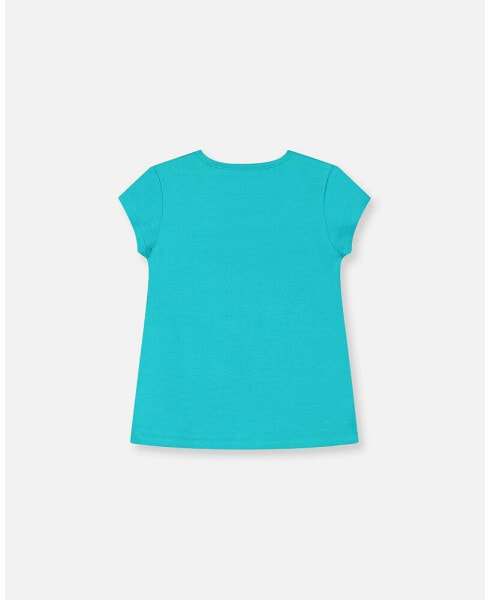 Girl Organic Cotton Tee With Print Turquoise - Toddler|Child