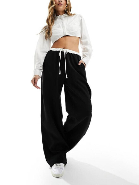 Kaiia wide leg contrast waist wide leg trousers in black and white