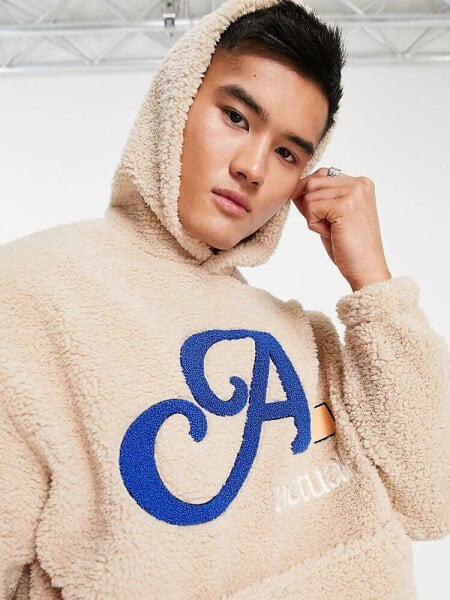 ASOS Actual co-ord oversized hoodie in teddy borg with boucle logo in cream