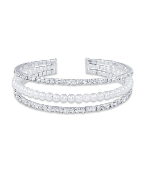 3 Row Crystals with Imitation Pearl Coil Cuff Bracelet