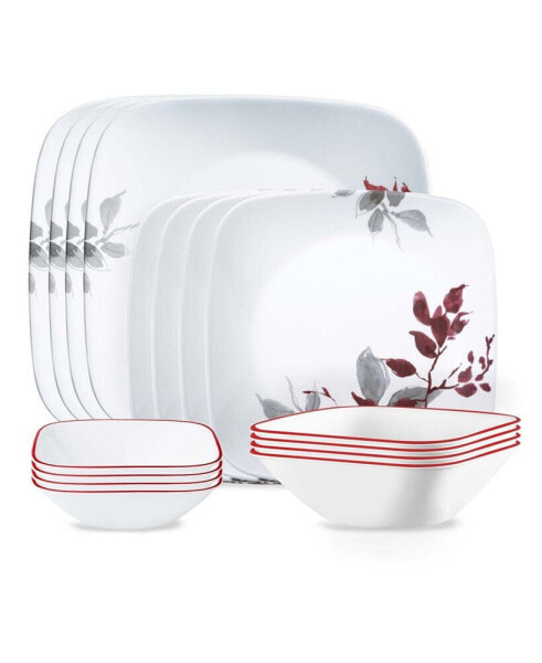 Square Kyoto Leaves 16 Piece Dinnerware Set, Service for 4