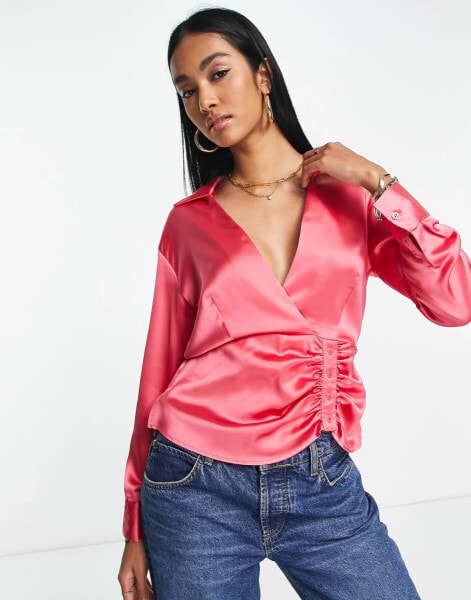 ASOS DESIGN satin shirt with button side and ruching in bright pink