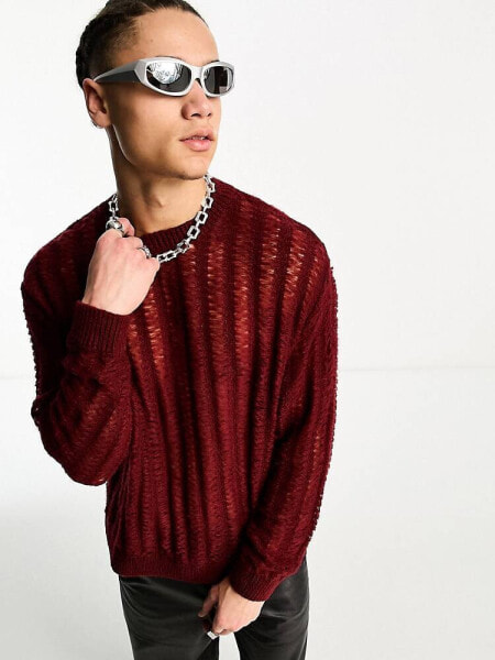 ASOS DESIGN fluffy knitted jumper with laddering in burgundy