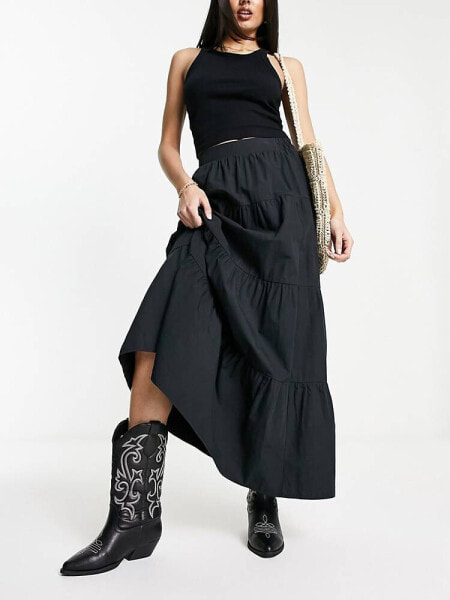 Miss Selfridge poplin tiered maxi skirt in black 