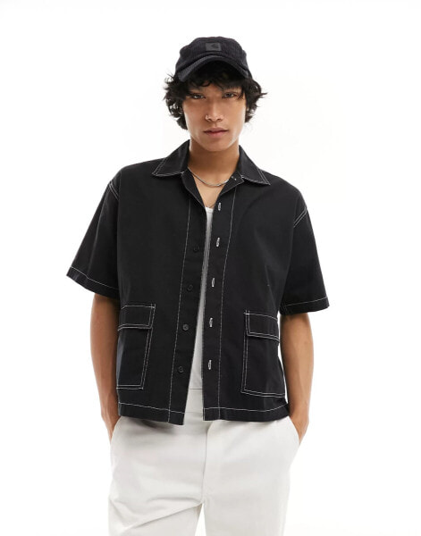 COLLUSION twill short sleeve skater shirt in black