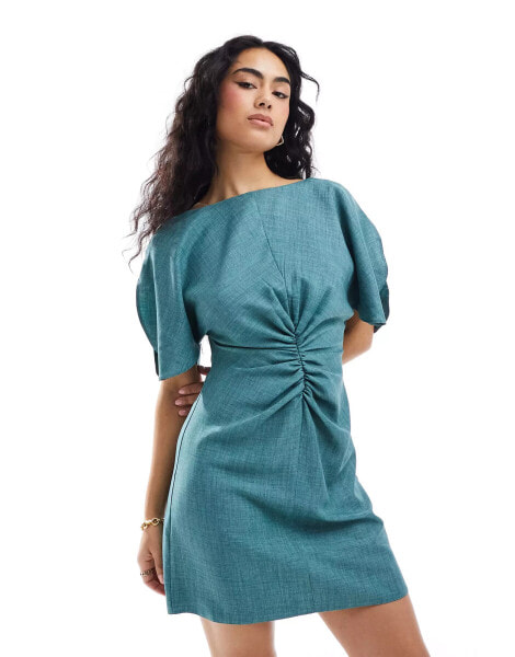 ASOS DESIGN linen-look flutter sleeve mini dress with ruching detail in spearmint