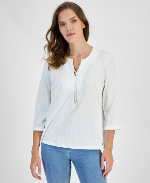 Women's Cotton Lace-Up-Neck 3/4-Sleeve Top