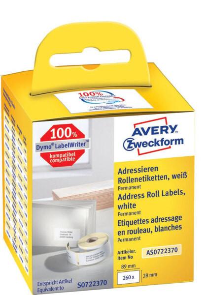 Avery Zweckform Avery AS0722370 - White - Rectangle - Permanent - 28 x 89 mm - Rolle - Paper