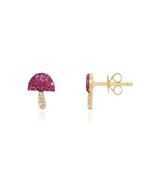 Ruby Mushroom Stud Earrings 14K Gold