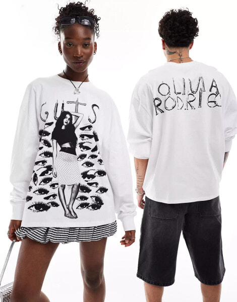 COLLUSION Unisex license festival oversize Olivia Rodrigo long sleeve t-shirt in white