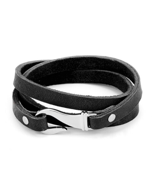 Men's Black Leather Fish Hook Wrap Bracelet