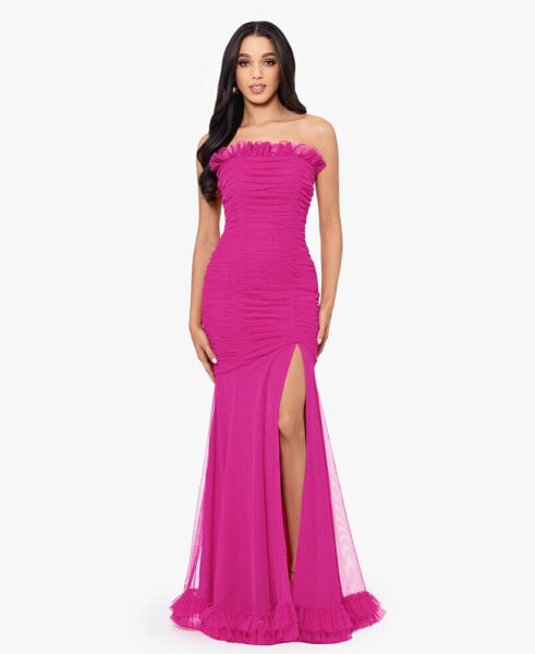Juniors' Ruffled Ruched Strapless Mesh Gown