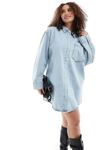 ASOS DESIGN Curve denim mini shirt dress with front pockets in bleach wash