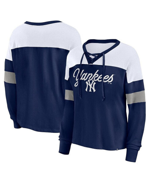 Women's Navy, White New York Yankees Even Match Lace-Up Long Sleeve V-Neck T-shirt